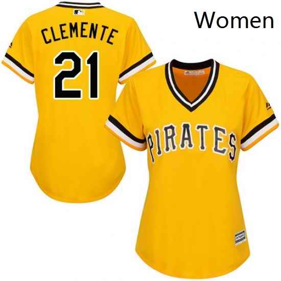 Womens Majestic Pittsburgh Pirates 21 Roberto Clemente Replica Gold Alternate Cool Base MLB Jersey